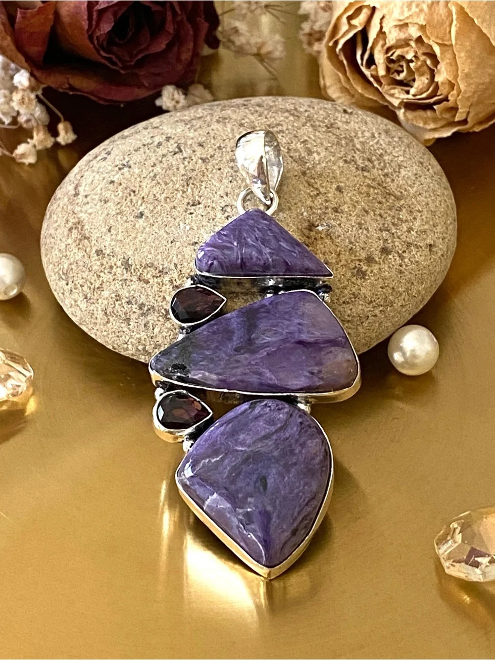 Russian Charoite And Amethyst Hand Crafted Pendant